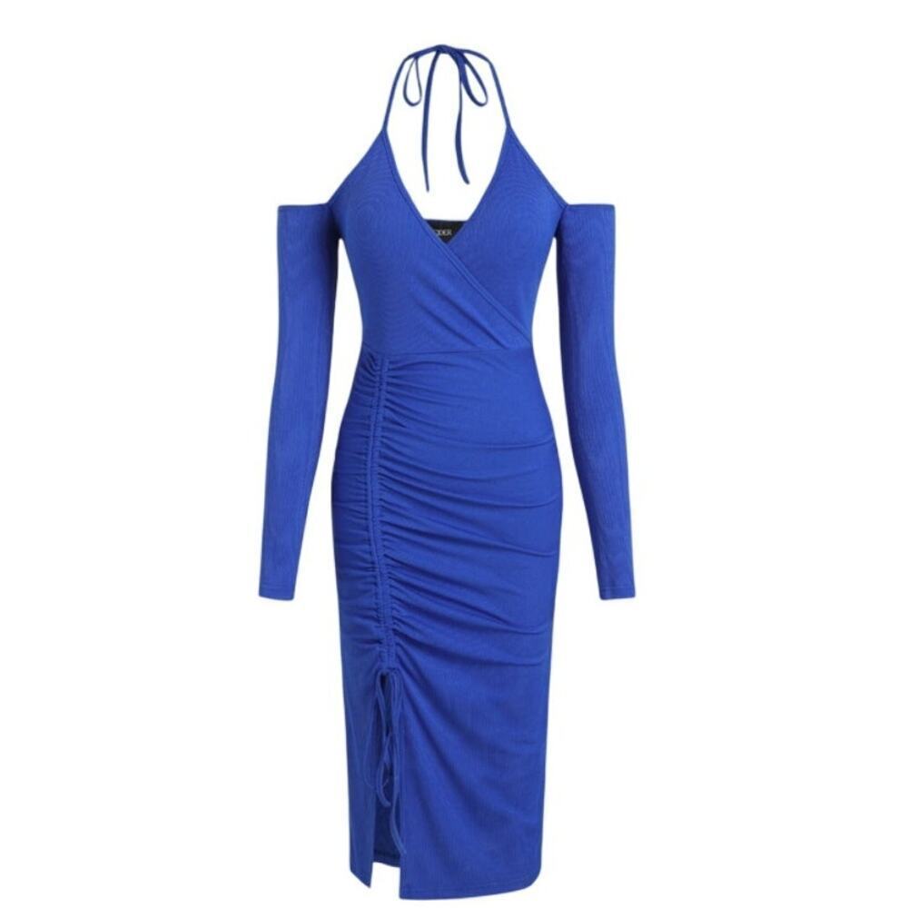 Cider Women’s Ruched Cross Halter Midi Dress Bright Blue Size Medium Long Sleeve